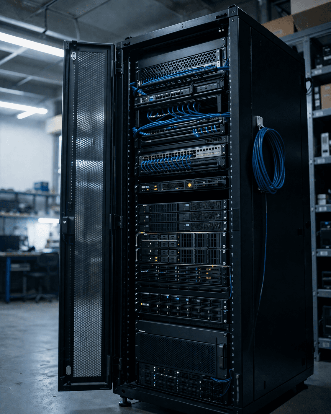 A black server rack with neatly cabled equipment inside the workshop