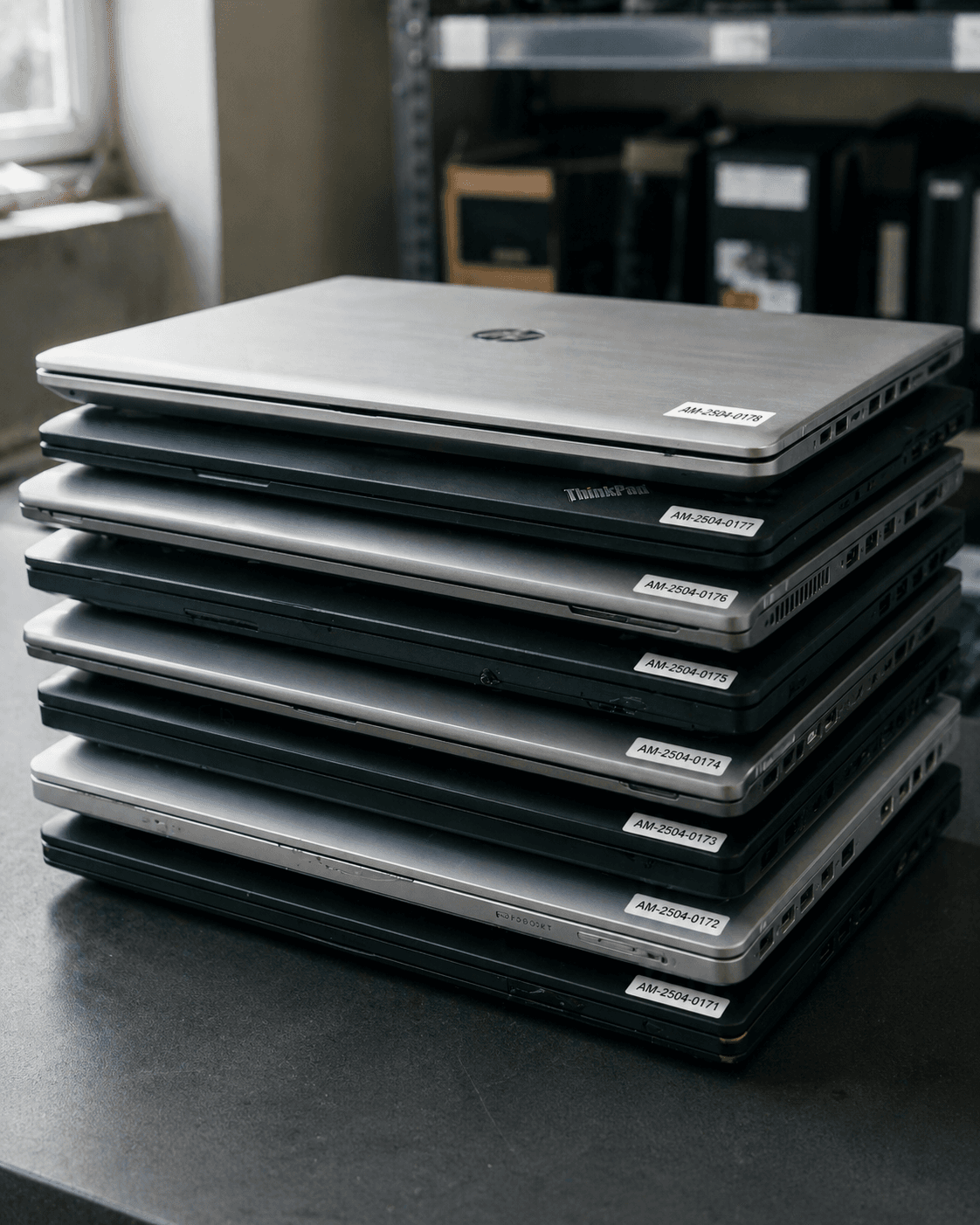 A stack of refurbished business notebooks with August & May serial labels