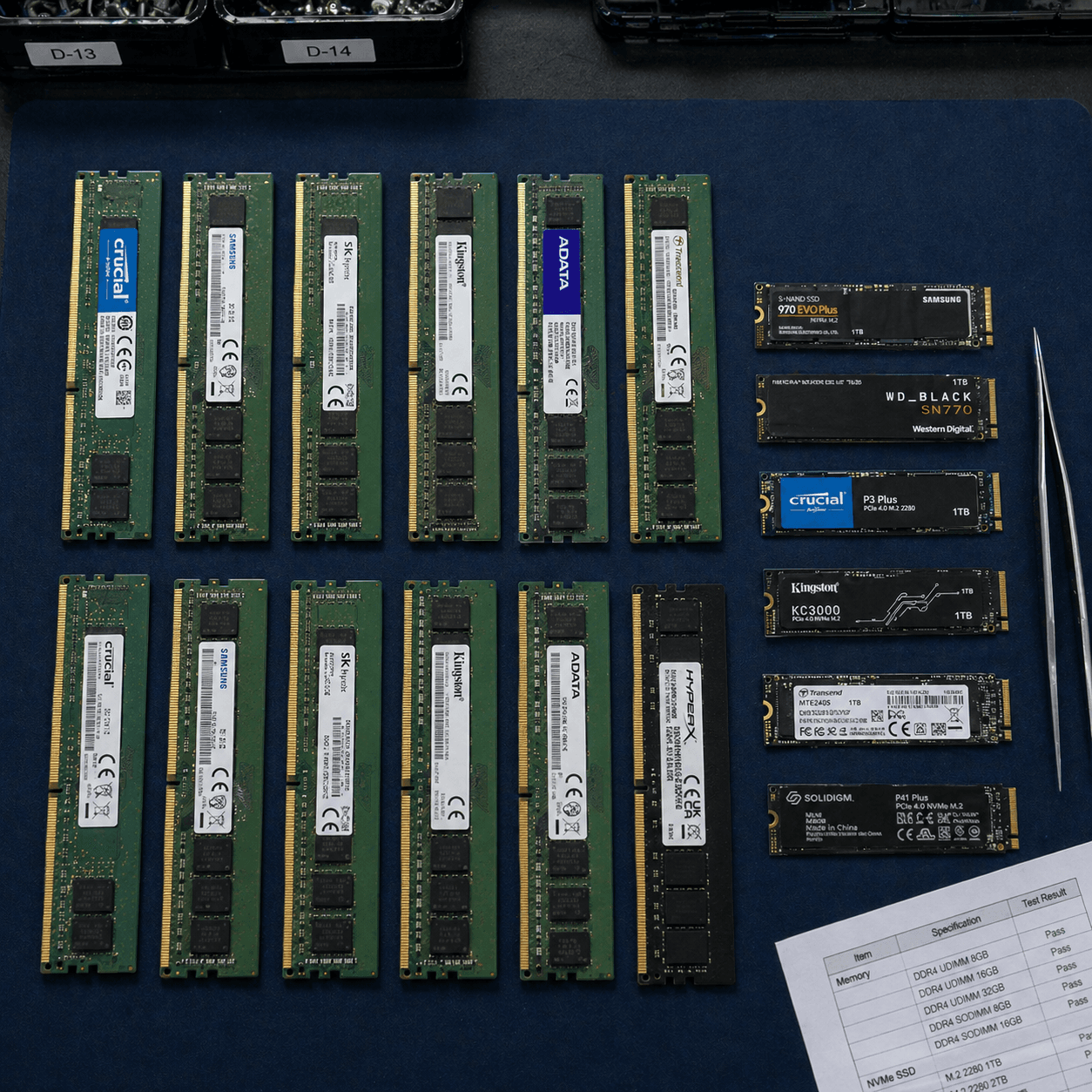DDR memory modules and NVMe SSDs laid out beside a test report